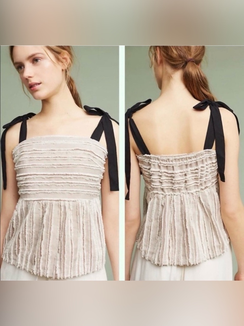 Maeve Cream Ruffle Textured Tank with Black Tie Straps